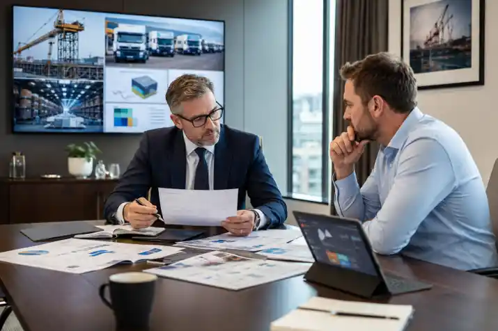 Specialist commercial insurance broker analysing a detailed business risk presentation in a professional meeting room