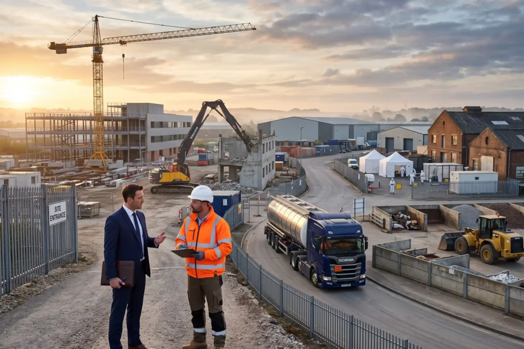 A specialist business insurance reviewing a commercial policy document with a contractor client