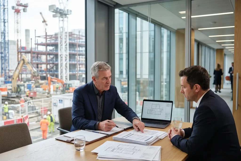 A specialist insurance broker reviewing a liability programme document at a desk, specialist liability insurance, high risk liability insurance, combined liability insurance