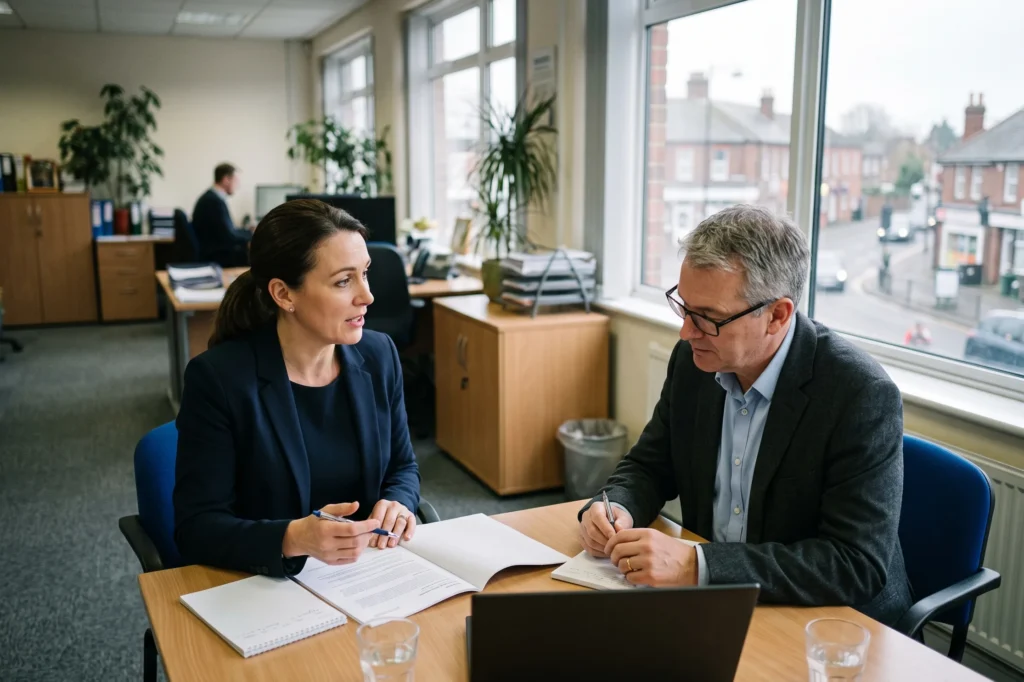 Commercial insurance broker discussing risk management terms with a client in a Dartford office, commercial insurance brokers Kent, business insurance Kent, specialist insurance broker Dartford