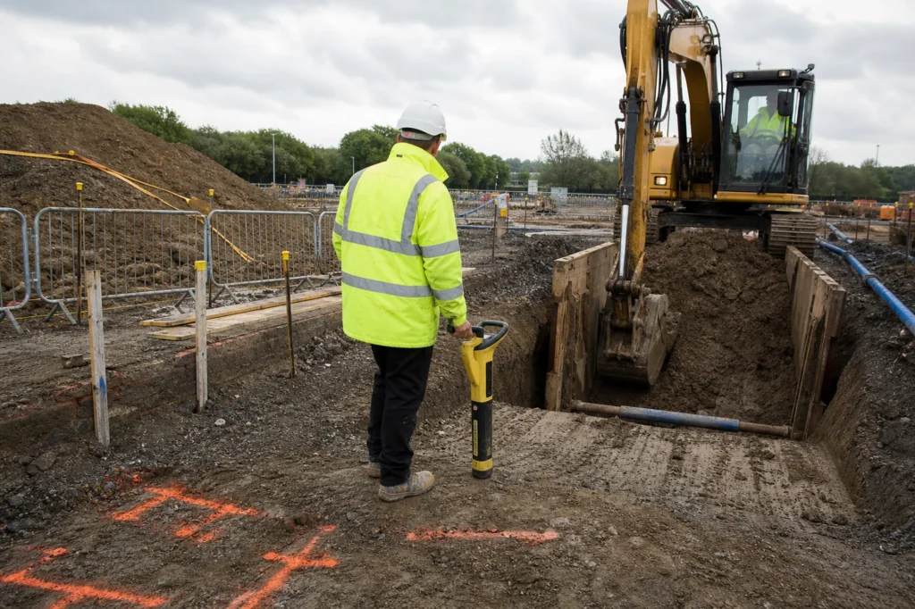 Civil engineering contractors executing groundworks excavation with CAT scanner on site, groundworks insurance, civil engineering insurance, high risk liability insurance