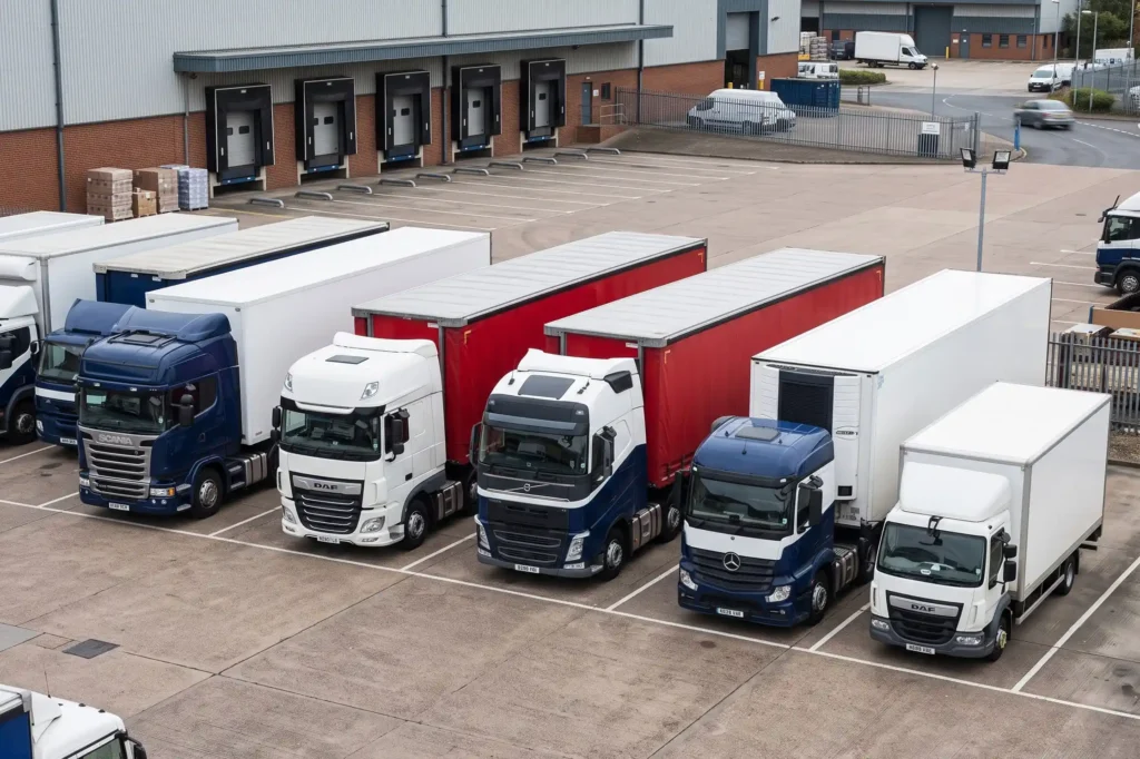 A commercial heavy goods vehicle fleet parked at a UK logistics depot, haulage insurance, motor fleet insurance, goods in transit insurance