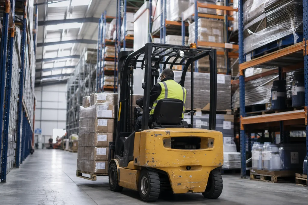 Forklift driver moving stacked pallets inside modern distribution warehouse facility, logistics insurance, warehouse insurance, distribution insurance