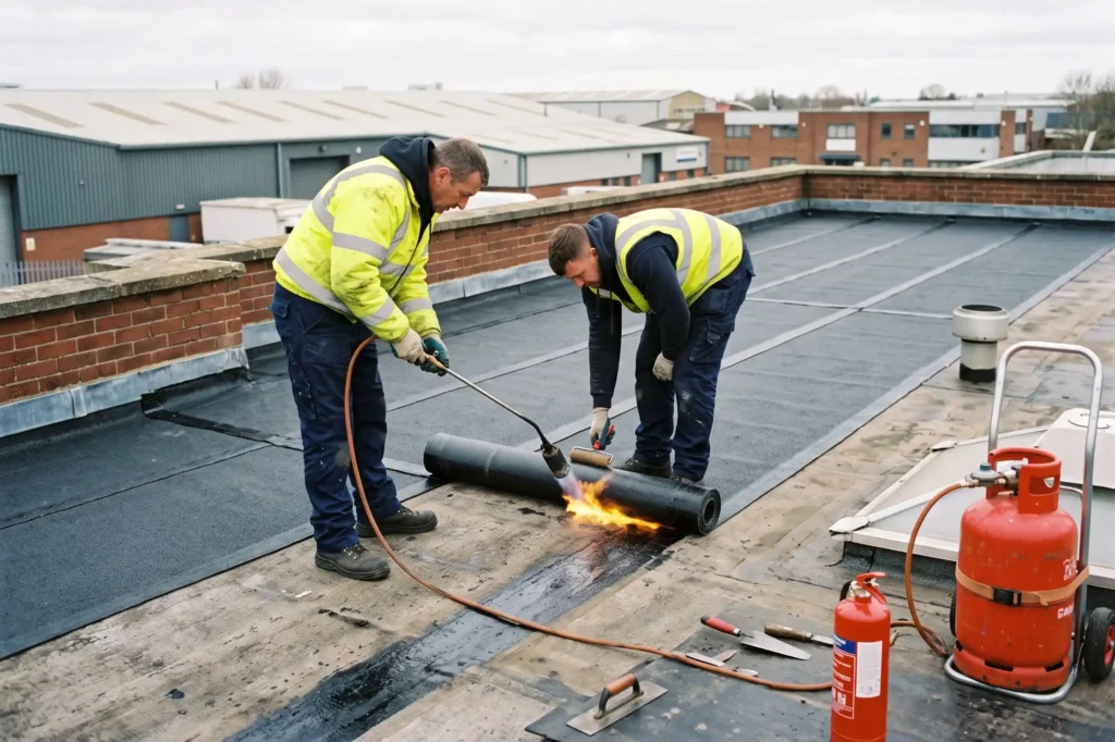 Roofing contractors installing torch-on felt membrane on a commercial flat roof project, roofing insurance, roofers insurance, public liability insurance for roofers