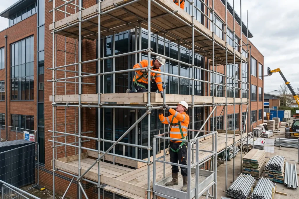 Scaffolding contractors assembling tube and fitting systems on commercial site, scaffolding insurance cover, scaffolding insurance, scaffold board insurance
