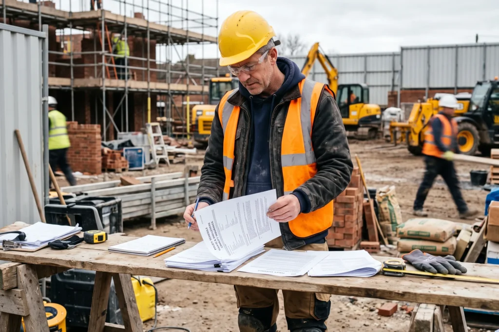 UK tradesman reviewing policy schedules and liability documents on site, tradesman insurance, builders insurance, public liability insurance