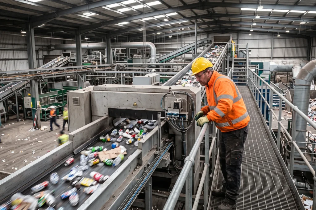 Waste transfer station operative inspecting a sorting line inside a recycling facility, waste management insurance, waste and recycling insurance, environmental liability insurance