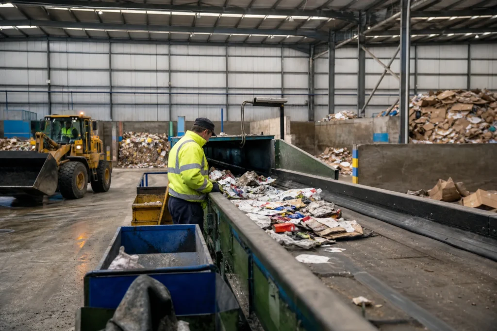 A waste transfer station operative conducting material sorting operations inside a recycling facility in England, waste recycling insurance UK, waste and recycling insurance, recycling plant insurance