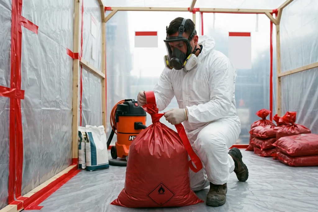 Licensed asbestos removal contractor sealing hazardous waste bags in containment unit, asbestos removal insurance, asbestos contractor insurance, high risk liability insurance