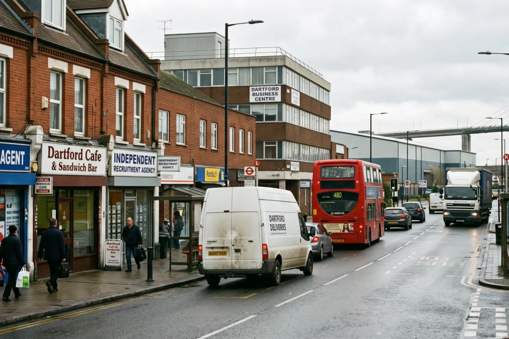 Dartford commercial business district with local commercial property and transport vehicles, business insurance Dartford, insurance brokers Dartford, bespoke commercial insurance