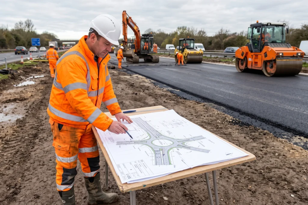 Civil engineering contractor examining infrastructure schematics on an active highway construction site, civil engineering insurance, engineering risk cover, contractors all risks insurance