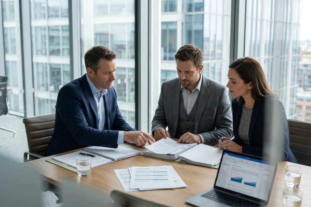 Commercial insurance broker reviewing claims documentation with a corporate client, claims advocacy insurance broker, insurance broker with claims service, specialist commercial insurance brokers
