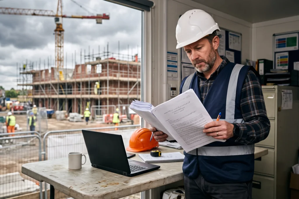 Commercial site manager reviewing a combined liability insurance policy document, combined liability insurance, commercial combined insurance, public liability insurance
