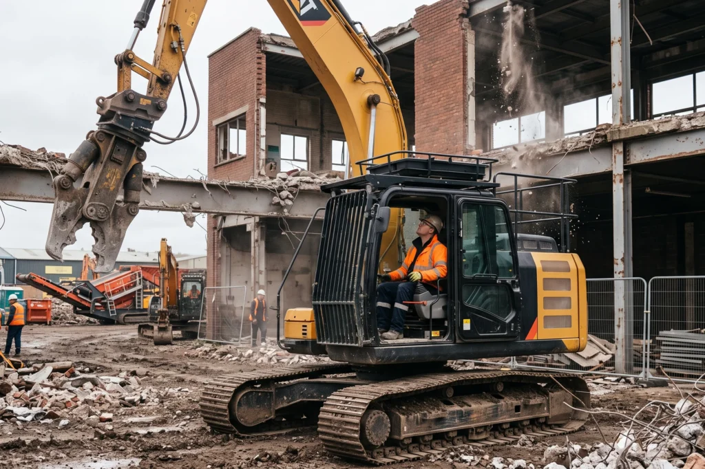 Demolition operative operating a high reach excavator with hydraulic shear attachment on an industrial site, demolition contractor insurance, demolition insurance, high risk liability insurance