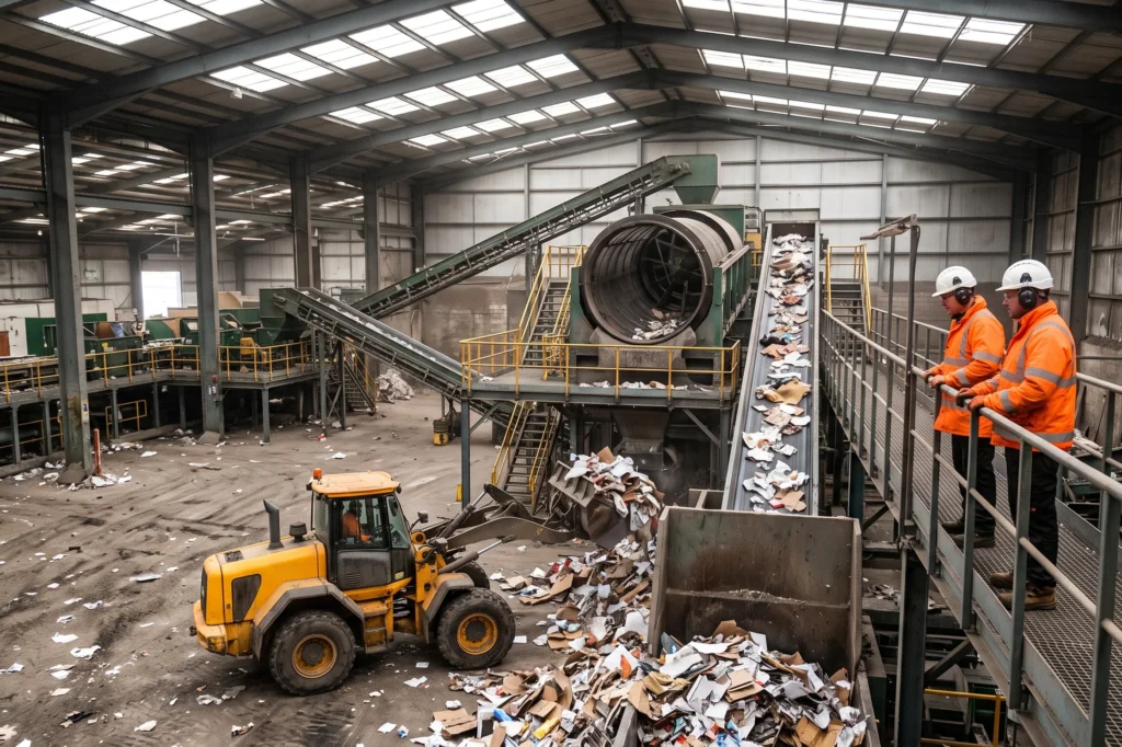 Industrial waste processing facility with heavy sorting machinery in operation, high risk industry insurance, hazardous trade insurance, high risk liability insurance
