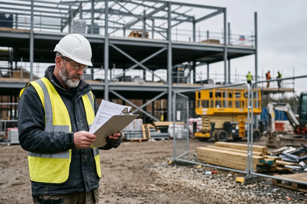 Commercial contractor reviewing a public liability insurance schedule on a building site, public liability insurance, business public liability insurance, combined liability insurance