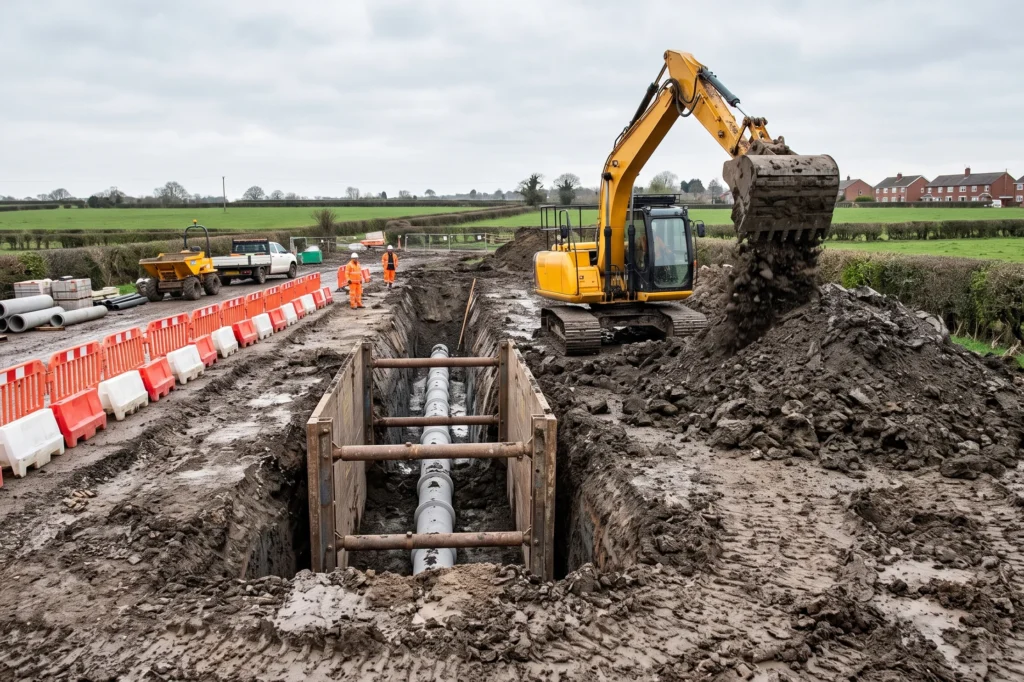 Tracked excavator digging trench with shoring box on civil engineering site, groundworks insurance cover, groundworks liability insurance, groundworkers cover