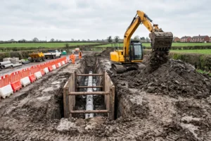 Tracked excavator digging trench with shoring box on civil engineering site, groundworks insurance cover, groundworks liability insurance, groundworkers cover