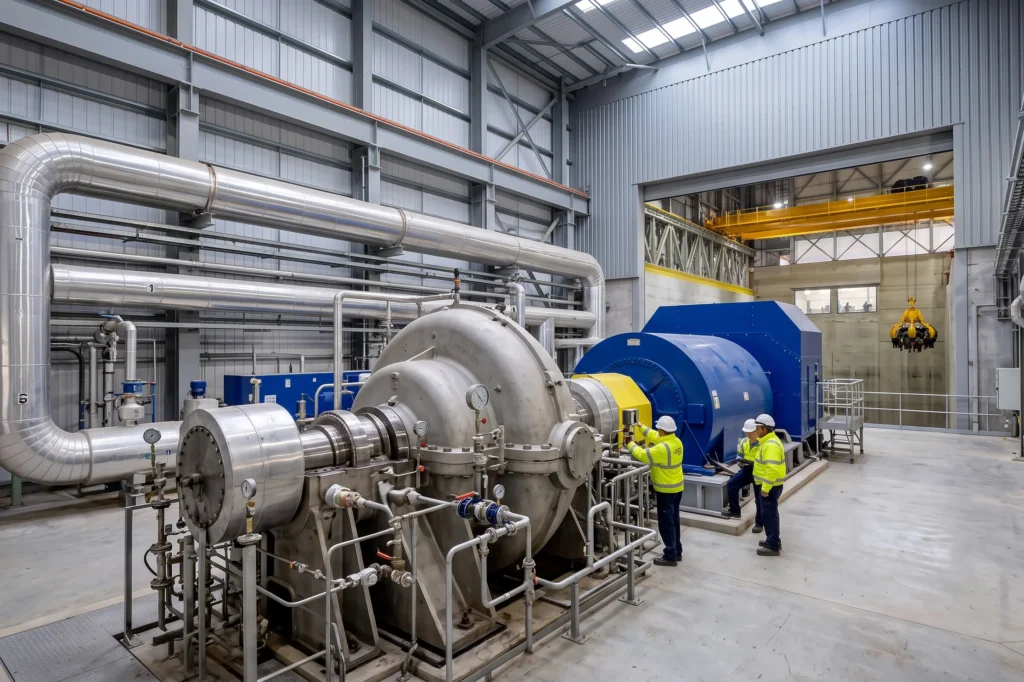 High-pressure steam turbine generator inside a modern UK energy from waste power plant, waste to energy insurance, energy from waste, waste to energy insurance for UK EfW operators
