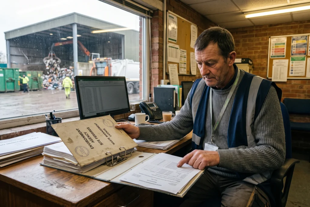 Waste transfer station operator checking site permit records at desk, waste transfer station insurance, waste management insurance, environmental liability insurance