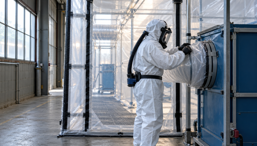 Specialist operative wearing protective respiratory equipment during licensed asbestos removal, asbestos contractor insurance, asbestos removal insurance, pollution liability insurance