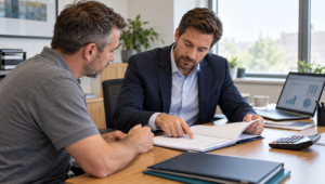 Commercial underwriter reviewing a business risk profile at a desk, business liability insurance cost, public liability insurance, combined liability insurance
