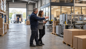 Commercial warehouse facility with attached office premises and stacked palletised stock, commercial combined insurance, combined liability insurance, contractors all risks insurance