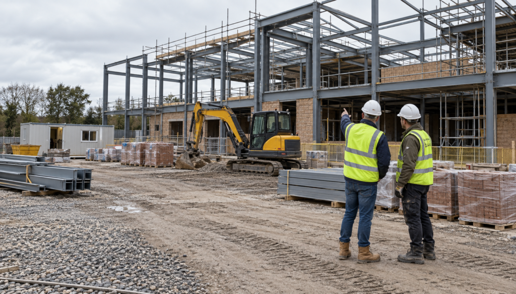 Steel frame of a commercial building under construction with stacked materials on site, contractors all risks insurance, construction liability insurance, contractor insurance