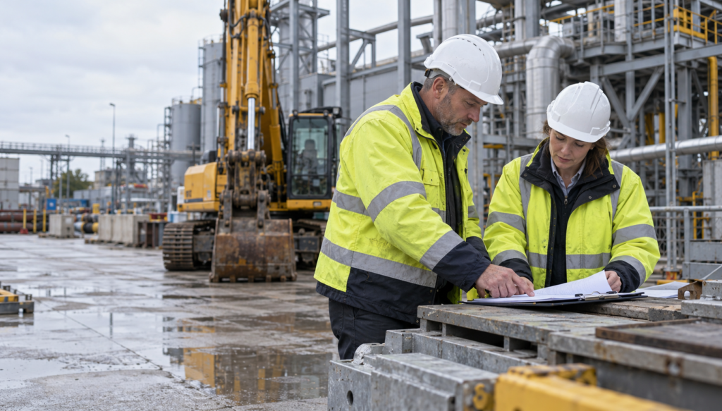 Commercial broker reviewing technical insurance schedules for a hazardous industrial account, high risk business insurance, high risk liability insurance, specialist business insurance