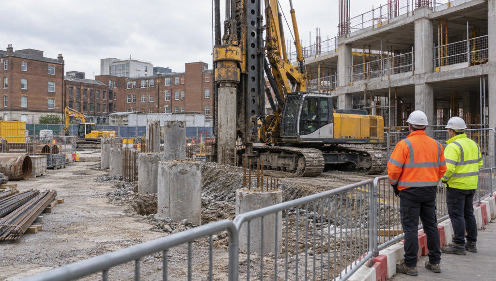 Contractors operating heavy piling machinery on an urban construction site, high risk liability insurance, high hazard liability insurance, specialist liability insurance