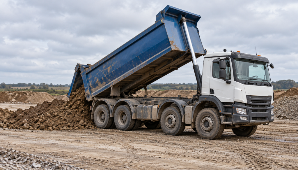 Commercial eight-wheel tipper lorry discharging muckaway spoil on a construction site, muckaway insurance, aggregate haulage insurance, waste management insurance